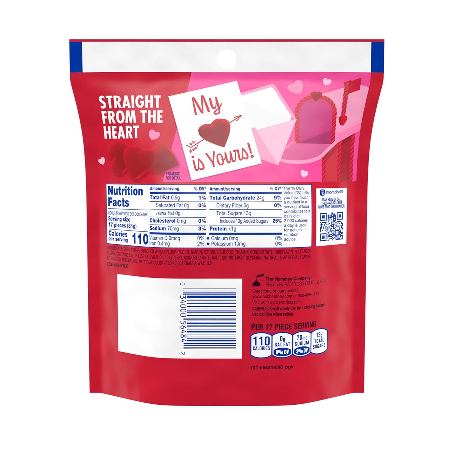 TWIZZLERS Cherry Flavored Hearts, Valentine's Candy Bag, 7.1 oz