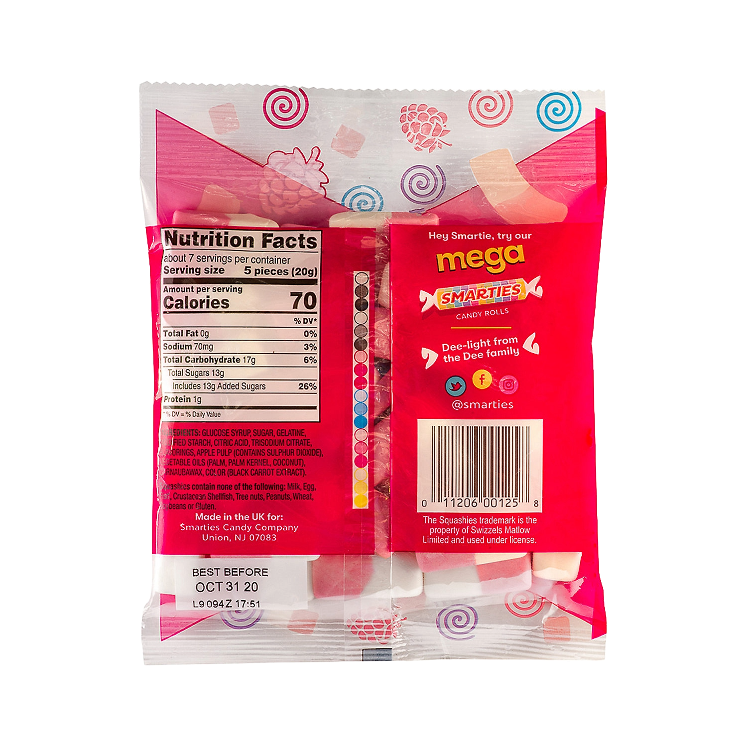 Squashies Smarties Raspberry and Cream Flavored Marshmallow Foam Gummies Candy, 5oz bag