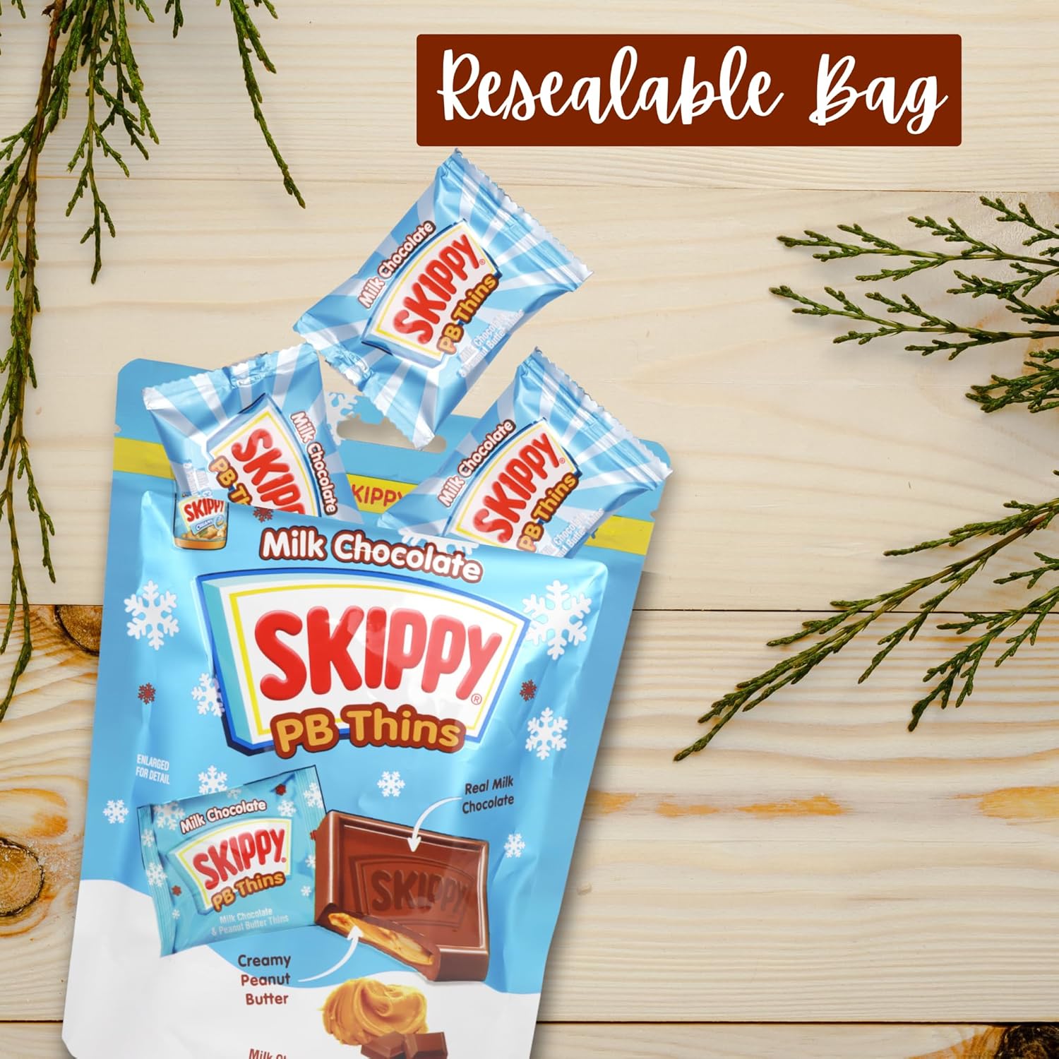 SKIPPY PB Thins, Milk Chocolate and Creamy Peanut Butter Squares 4.8oz Bag